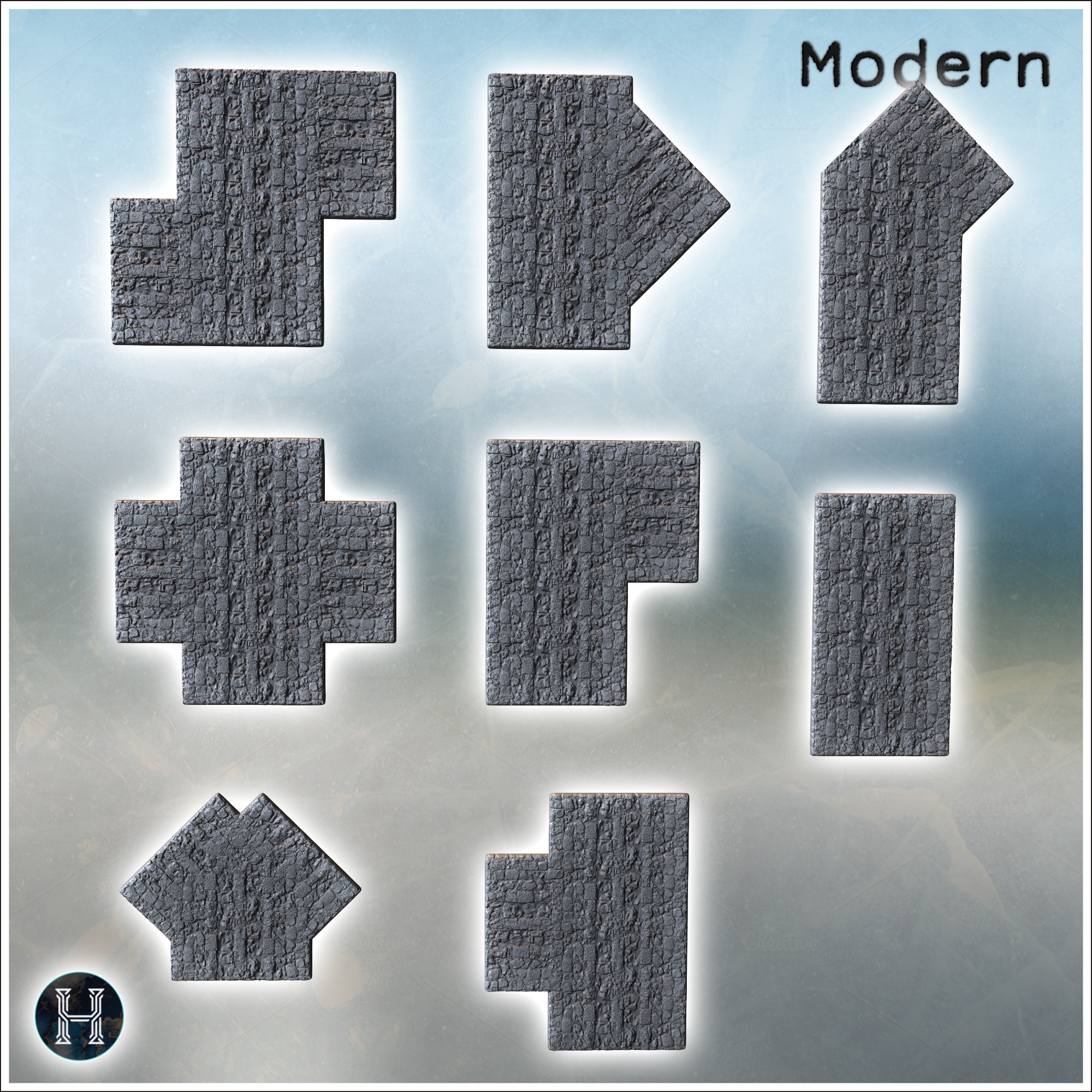 Set of cobblestone pavement tiles with various shapes for different road configurations (Carentan, Normandy 1944, France) (2) - World War Two Second WWII Bocage D-Day Operation Overlord Western US